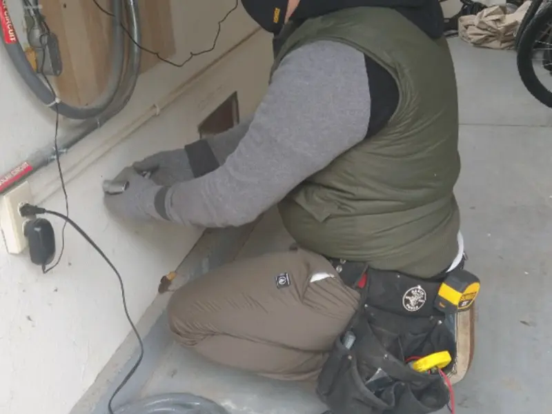 Electrician performing outlet wiring in a Dunlap garage